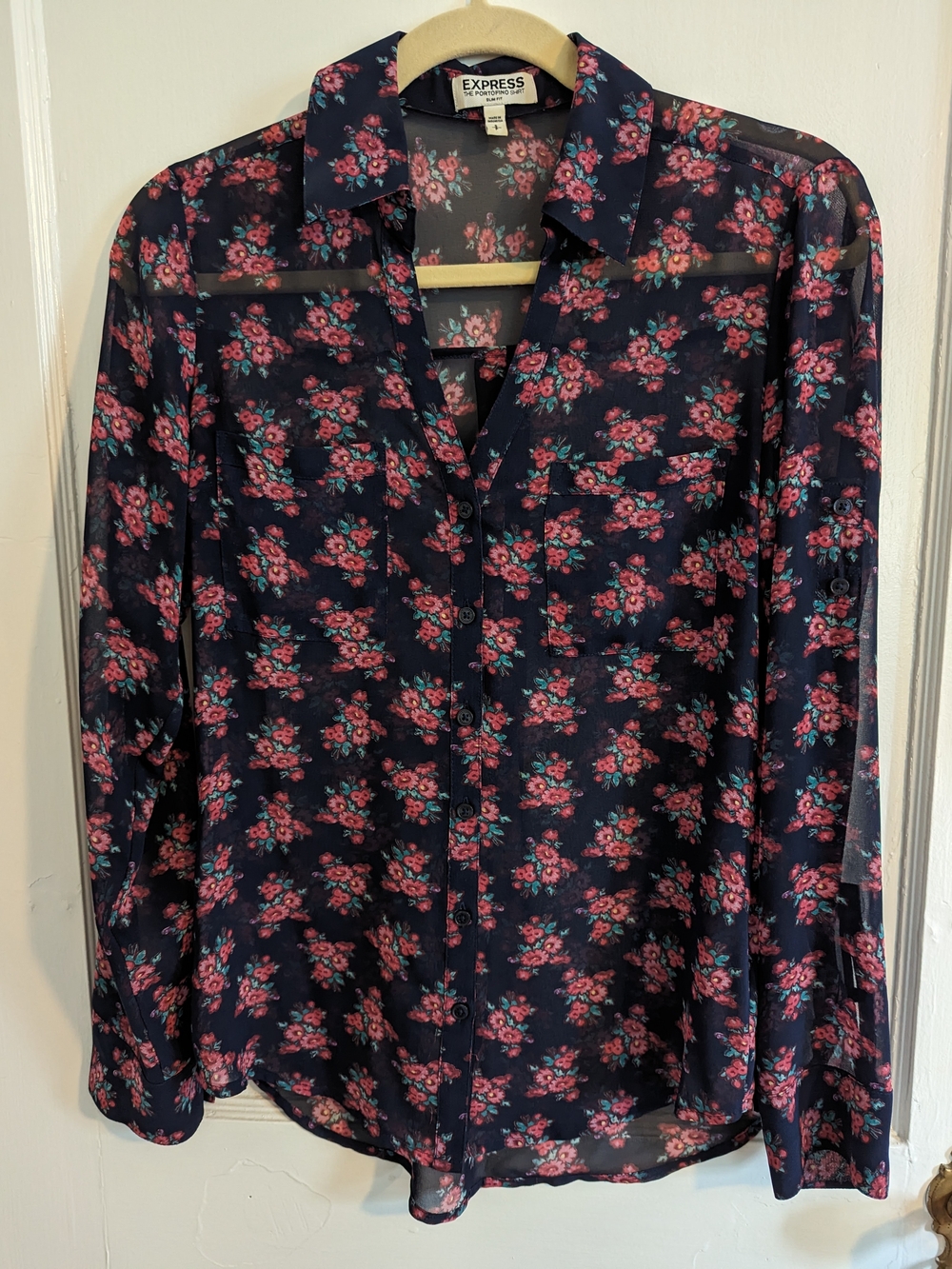 Express Prtofino Slim Fit Shirt- Navy with Pink Floral Print